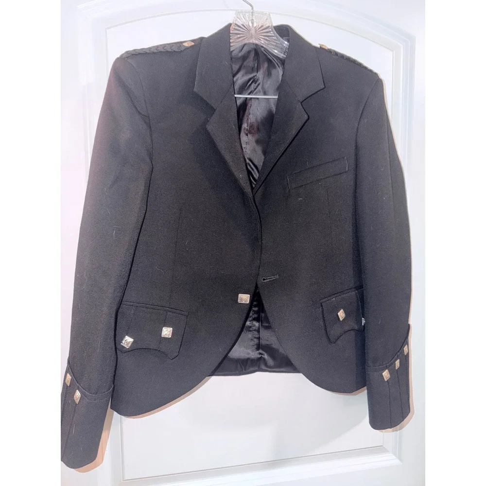 Mens Black 36S Wool Argyll Kilt Jacket Scottish Rite Formal Highland Blazer
